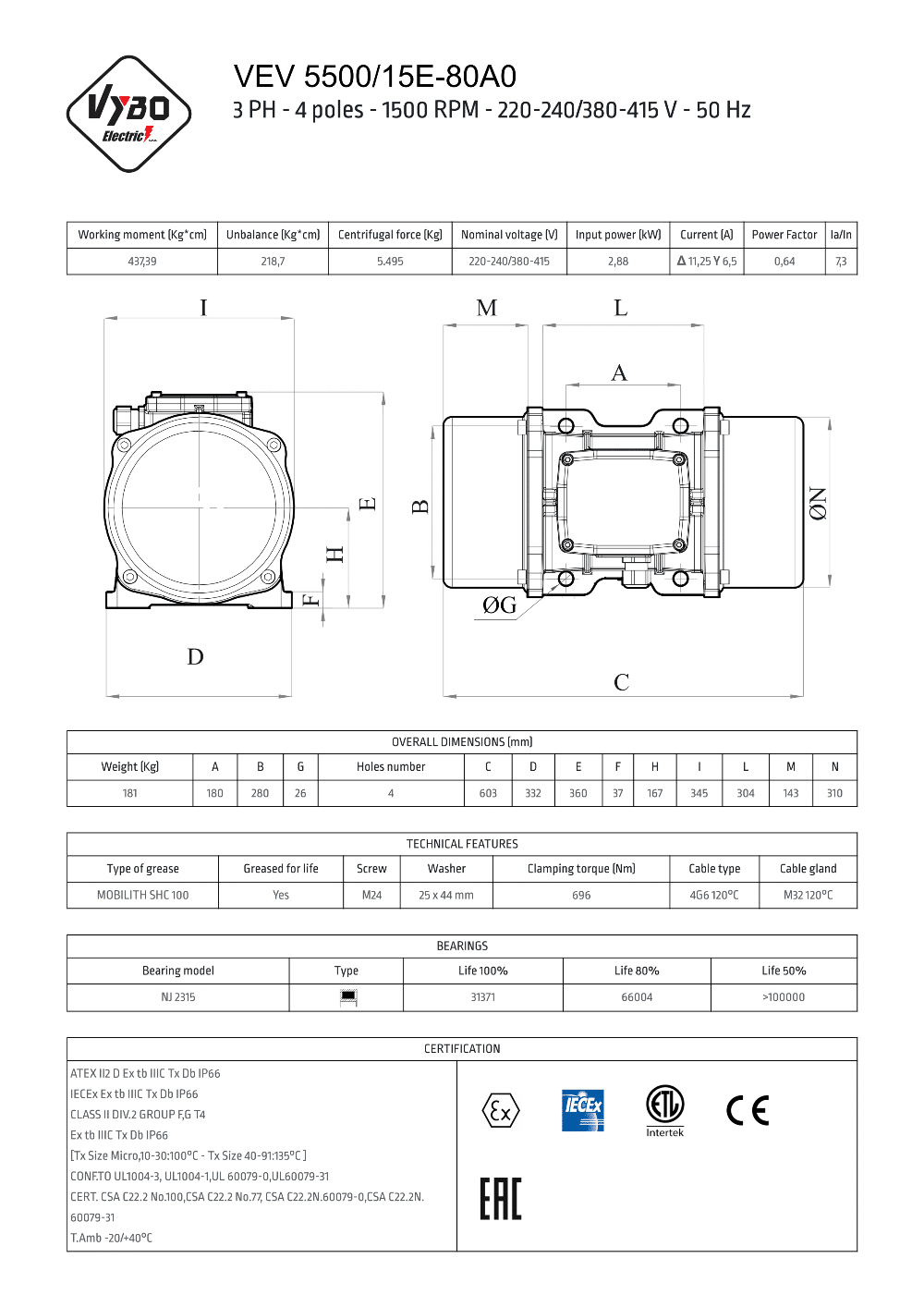 vibračný elektromotor VEV 5500-15E-80A0 dátový list