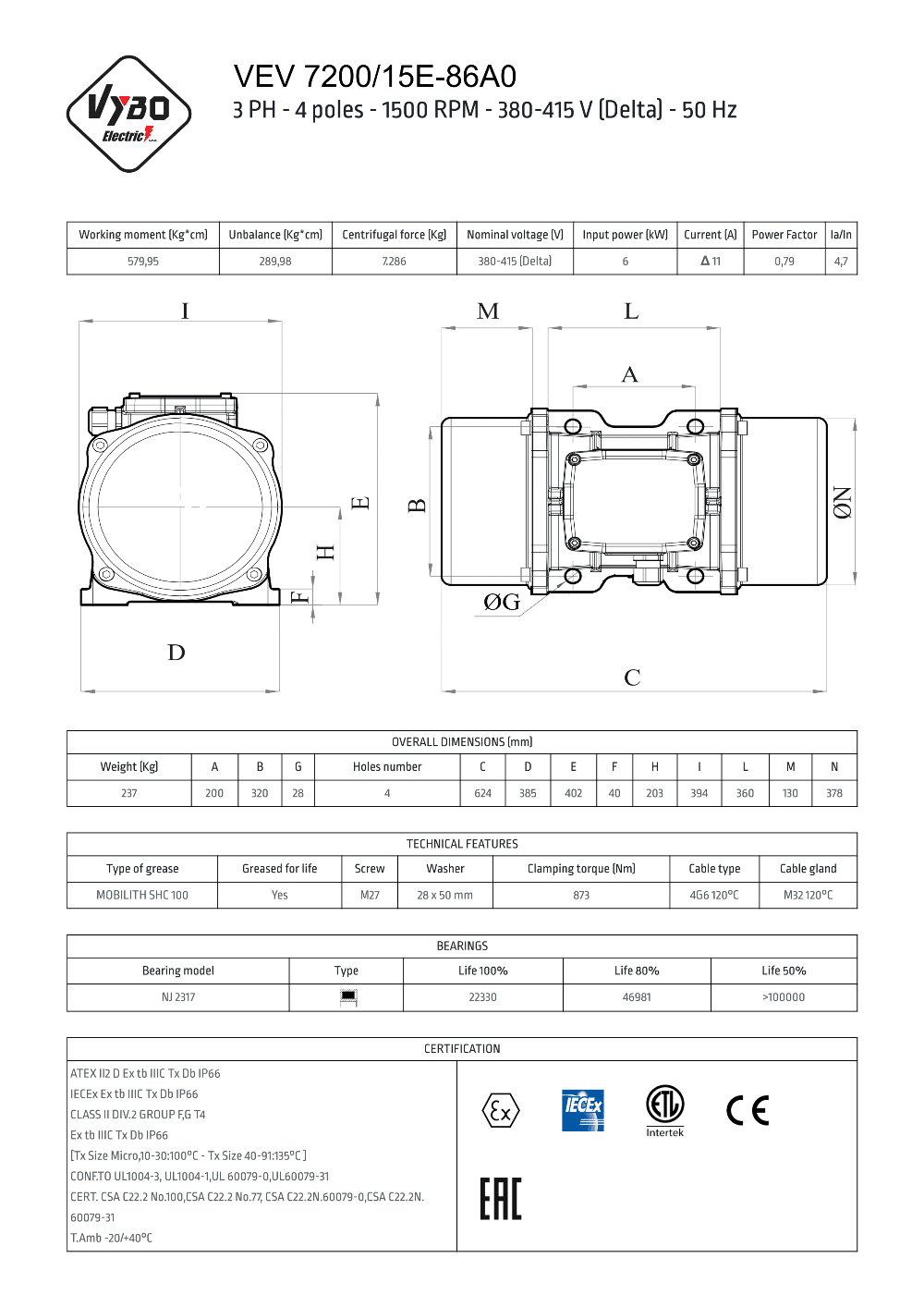 vibračný elektromotor VEV 7200-15E-86A0 dátový list