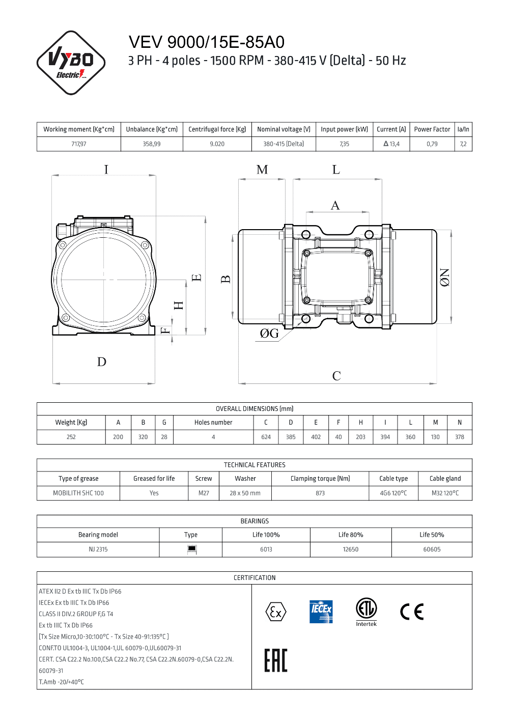 vibračný elektromotor VEV 9000-15E-85A0 dátový list